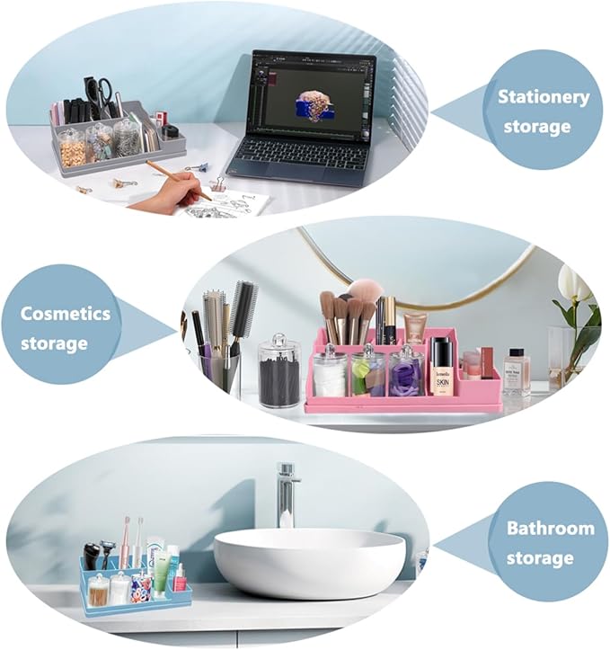 Silicone Multifunctional Bathroom Organizer Countertop,7Compartment Silicone Cosmetics Storage Organizer, Bathroom Countertop Accessories Storage,Toothbrush Stand for Vanity Office Sink, Blue
