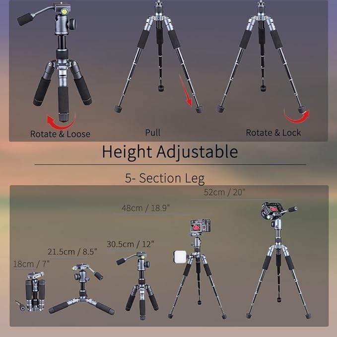 Portable Desktop Mini Tripod with Panning Handle, 20" / 52cm Desk Tabletop Aluminum Alloy with 360° Ball Head, Compact Tripod for DSLR Camera Video Camcorder, Load up to 13lb / 6kg