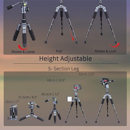 Portable Desktop Mini Tripod with Panning Handle, 20" / 52cm Desk Tabletop Aluminum Alloy with 360° Ball Head, Compact Tripod for DSLR Camera Video Camcorder, Load up to 13lb / 6kg