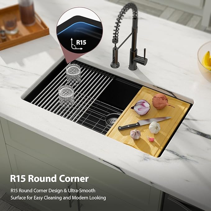 Dcolora 33 inches Granite Composite Kitchen Sink Workstation Black Undermount Single Bowl Large Kitchen Sink 33"W x 19"D x 10"H, DC-GU7743