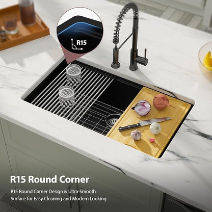 Dcolora 33 inches Granite Composite Kitchen Sink Workstation Black Undermount Single Bowl Large Kitchen Sink 33"W x 19"D x 10"H, DC-GU7743