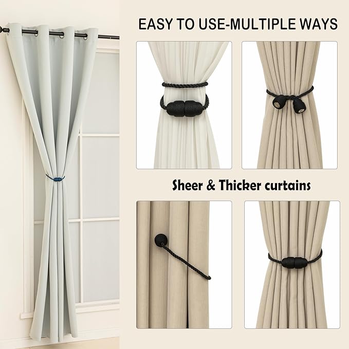 Magnetic Curtain Tiebacks Rope Curtain Tie Backs for Curtains 6 Pack Curtain Holders for Drapes Decorative Window Curtain Holdbacks, Black