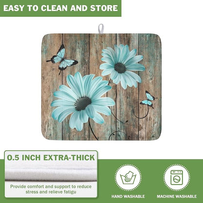 Teal Sunflowers Drying Mat 18x16 Inch, Summer Wooden Board Drying Mat - Image 5