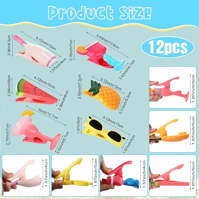 Honoson 12 Pcs Beach Towel Clips Beach Chairs Clips Plastic Swimming Pool Towel Holders Jumbo Size Funny Clothespins for Patio Holiday Pool Blanket Decoration (Cute)