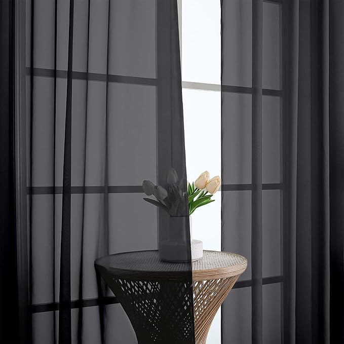 Chyhomenyc Extra Long Black Sheer Curtains 144 inch 2 Panels, Translucent Backdrop Window Scarf Drapes for Canopy Bed/Wedding/Living Room/Anniversary, 12FT Length, Each 59Wx144L in, 2PCS