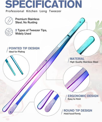 4 Pcs Fine Long Tweezer Tongs Professional Rainbow, Sea food and BBQ - Image 2