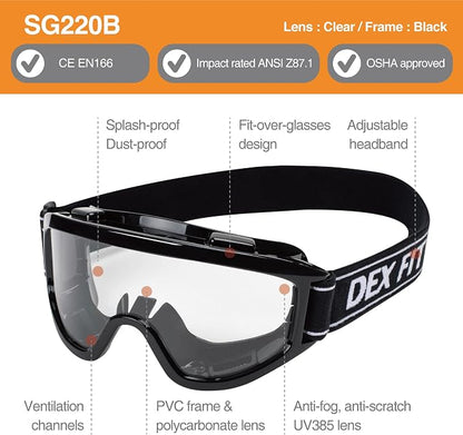 DEX FIT Protective Safety Goggles SG220B; Anti Fog & Scratch, Z87 Eye Protection - Image 2