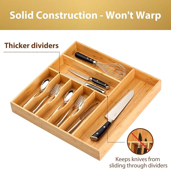 Umilife Large Kitchen Drawer Organizer, 19"x19" Silverware Utensils Organizer, 2.5" High for Large Deep Drawers, Bamboo Flatware Holder with Thick Frames, Sturdy Kitchen Organization Tray