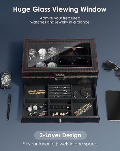 Watch Jewelry Box Organizer, 6-Slot 2-Layer Watch Case and Sunglasses Storage with Large Glass Lid, Men's Jewelry Box with Lock, Watch Holder Display Case, Gift for Men Women