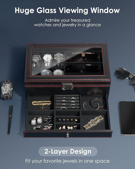 Watch Jewelry Box Organizer, 6-Slot 2-Layer Watch Case and Sunglasses Storage with Large Glass Lid, Men's Jewelry Box with Lock, Watch Holder Display Case, Gift for Men Women