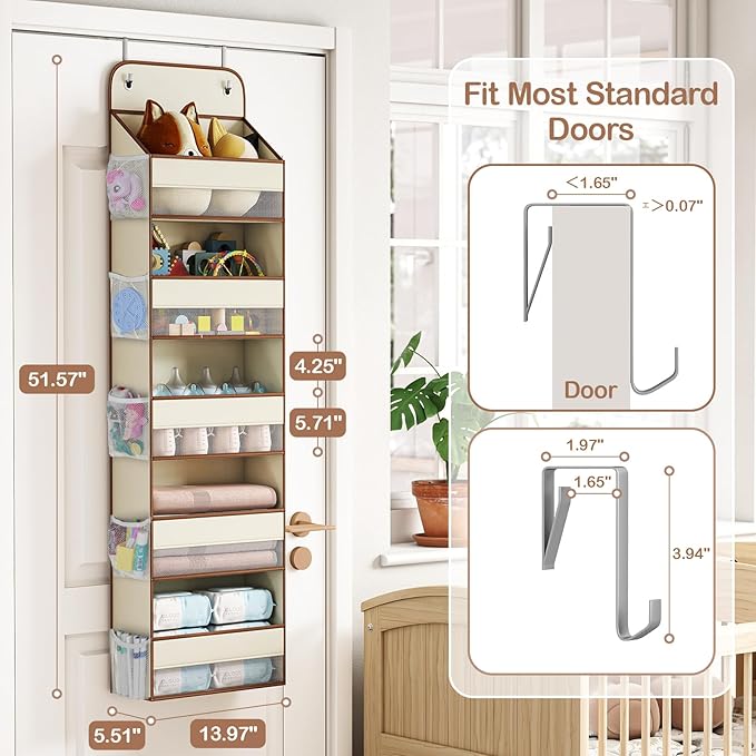 LAMU 5 Tier Over the Door Organizer Hanging, 5 Large Pockets and 10 Side Pockets Behind Door Storage for Baby Toys, 44lbs Back of Door Organizers Shelf for Closet, Nursery and Bathroom, 1 Pack (Beige)
