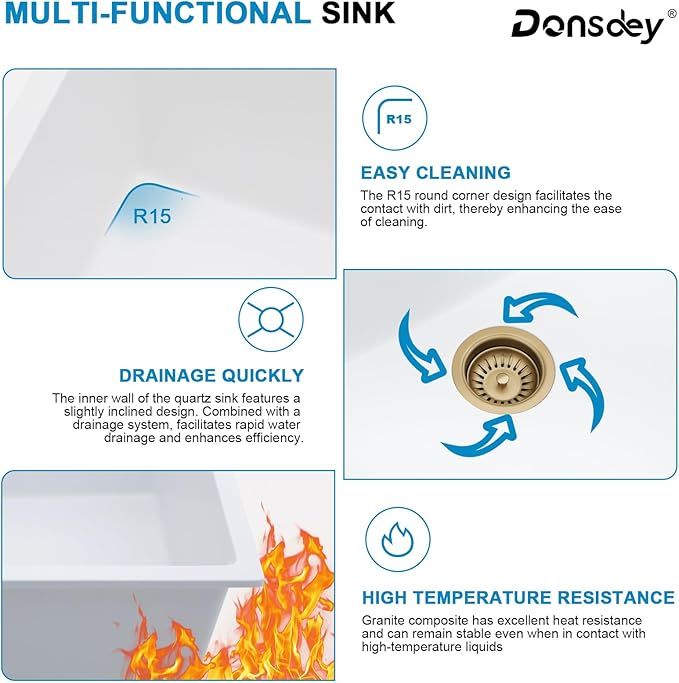 33 Inch Quartz Drop In White Kitchen Sink-Donsdey Double Bowl Topmount Granite Composite Workstation Sinks Double Basin Large Bowl Hard and Durable Noise Reduction Luxury Accessories