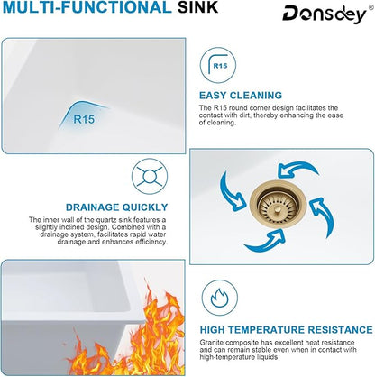 33 Inch Double Bowl White Kitchen Sinks 33x22 Granite Composite Dorp In 60/40 Basin with Luxury Accessories Quartz Workstation Sinks with Noise Reduction Durable and Hard Gold Accessoris Sink