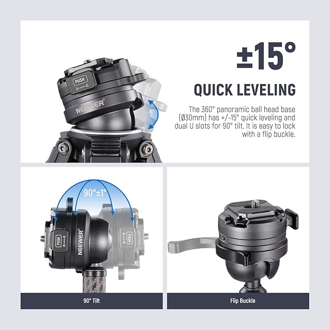 NEEWER LITETRIP LT32 Camera Travel Tripod, Carbon Fiber Portable Stand, Ball Head Detachable Center Axis Flip Buckle Cleaning Cloth Arca QR Plate Compatible with Peak Design Capture V3 (Former TP62)