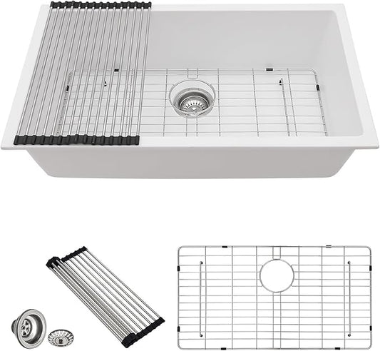33 Granite Composite Kitchen Sink - Donsdey 33×19 Inch Undermount Kitchen Sink White Granite Quartz Composite Under Counter Single Bowl Sink Basin