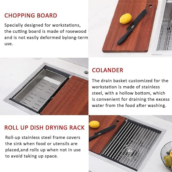 COMLLEN 33 Inch Double Bowl Undermount Kitchen Sink,33x19 Inch Workstation 16 Gauge Stainless Steel Double Kitchen Sinks with Cutting Board,9 Inch Deep Sink Maximizes Space Efficiency