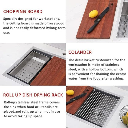 COMLLEN 33 Inch Double Bowl Undermount Kitchen Sink,33x19 Inch Workstation 16 Gauge Stainless Steel Double Kitchen Sinks with Cutting Board,9 Inch Deep Sink Maximizes Space Efficiency