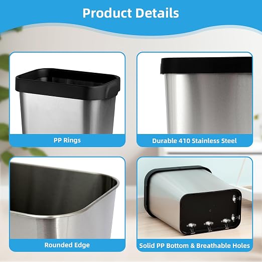 3 Pack Stainless Steel Trash Can 2 Gallon, Open Top Trash Can, Rectangle - Image 5