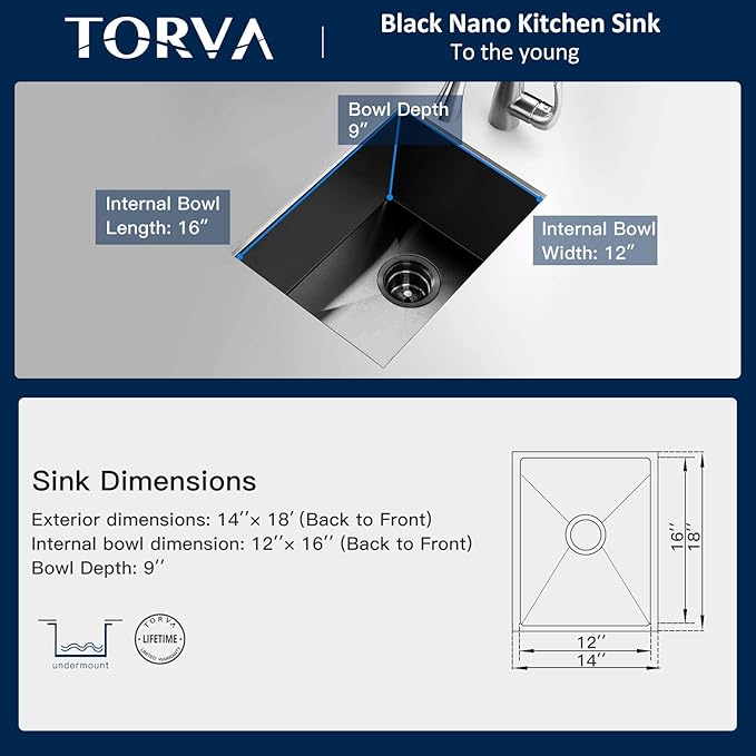 TORVA Bar Sink,TORVA 14 x 18 Inch Undermount Kitchen Sink,Gloss Black PVD Coated Gunmetal Sink,16 Gauge 304 Stainless Steel Single Bowl Wet Bar or Prep Sink with Zero-Radius Corners,Dark Gray