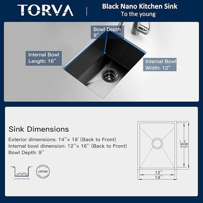 TORVA Bar Sink,TORVA 14 x 18 Inch Undermount Kitchen Sink,Gloss Black PVD Coated Gunmetal Sink,16 Gauge 304 Stainless Steel Single Bowl Wet Bar or Prep Sink with Zero-Radius Corners,Dark Gray