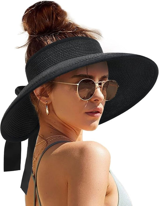 Camptrace Sun Visors for Women Wide Brim Beach Hat Foldable Straw Visor Hat Ponytail Summer Packable UPF 50+