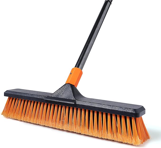 18" Push Broom Outdoor for Floor Cleaning with Extendable Long Handle, Stiff Bristle Heavy Duty Broom for Bathroom, Kitchen, Tub, Tile, Patio, Deck, Concrete, Industrial