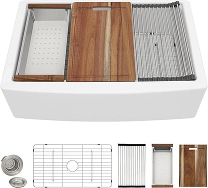 33 White Farm Sink Workstation - Fulorni 33"x21" Apron Front Farmhouse Sink Workstation with Slide Ledge White Ceramic Porcelain Fireclay Single Bowl Farmer Kitchen Sink Basin