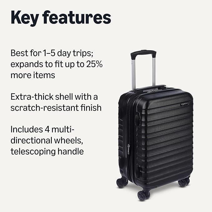 Amazon Basics 21" Hardside Carry-On Luggage, Hardshell Suitcase With Wheels, Expandable For Up to 25% More Space, With Scratch-Resistant Surface, Four Multi-directional Wheels, Black