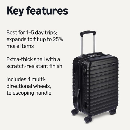 Amazon Basics 21" Hardside Carry-On Luggage, Hardshell Suitcase With Wheels, Expandable For Up to 25% More Space, With Scratch-Resistant Surface, Four Multi-directional Wheels, Black