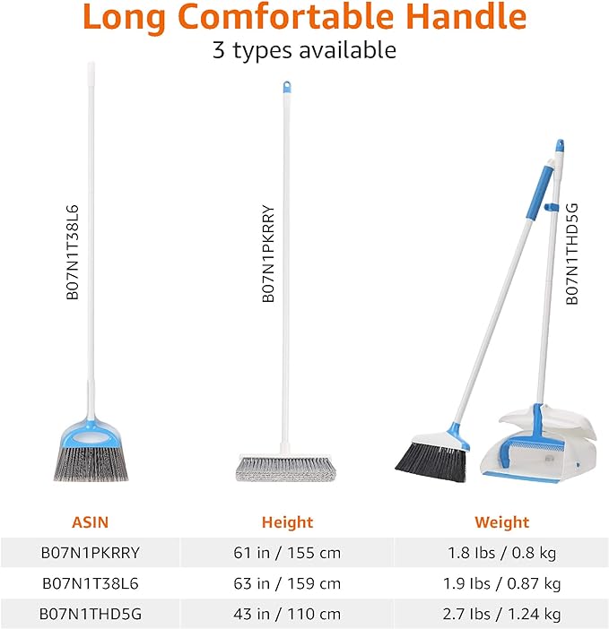 Amazon Basics Dustpan Broom Set with Easy Assembly and Long Handle, Blue and White