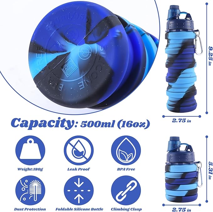 Collapsible Water Bottle for Adults, Boys, Students, Kids, Reusable Silicone Foldable Water Bottles for Travel Camping Hiking Sports,Leak-Proof Portable Sports Water Bottle (Pink & Blue)