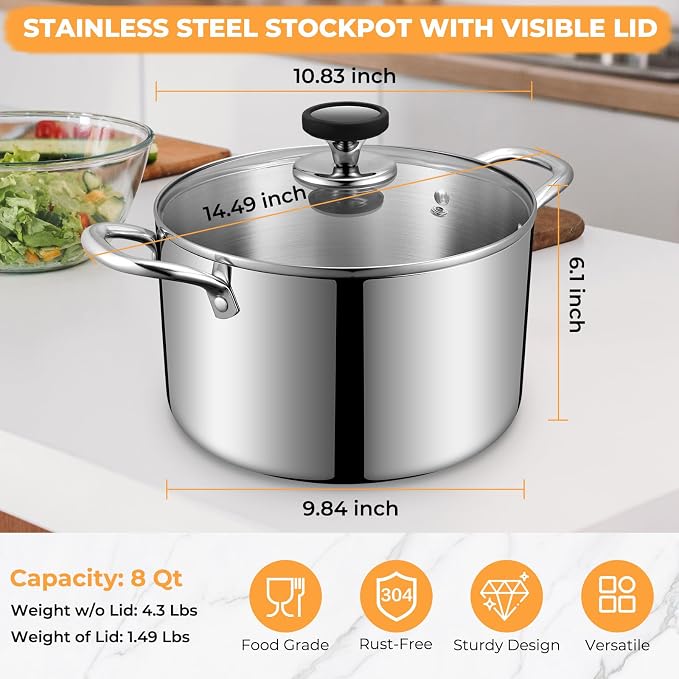 Tri-Ply Stainless Steel Stock Pot, 8 Quart Heavy Duty Induction Cooking Pot - Image 2