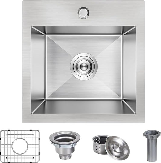 15 x 15 Inch Drop In Bar Sink, Small Kitchen Sink Single Bowl Topmount Bar Prep Sink 18 Gauge Stainless Steel Bar Sink with Grid and Basket Strainer