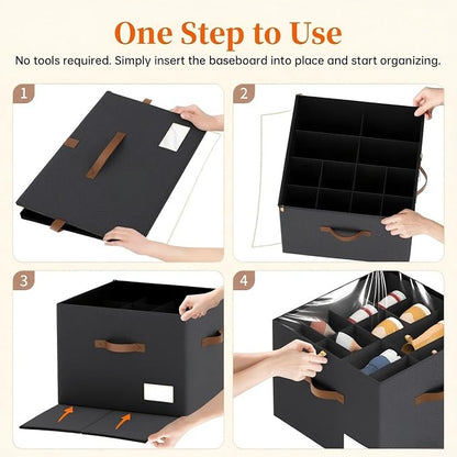 3 Pack Shoe Organizer for Closet, Foldable Shoe Storage Containers, Fits up to 24-48 Pairs, Shoe Storage Organizer Box Cubby Baskets Bins with Clear Cover and Reinforced Handles, Black