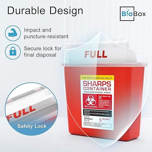 Sharps Container Large - Sharps Containers for Home Use and Labs - Portable Needle Disposal and Travel Size Biohazard Bin - 5 Quart Plus (Pack of 2)