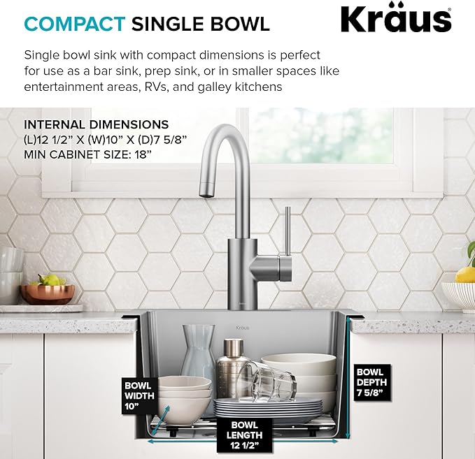 KRAUS Fairlane 15-inch Drop In/Top Mount Single Bowl 18-Gauge Stainless Steel Kitchen Bar Sink, KHT631-15