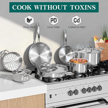 EWFEN Pots and Pans Set, 3 Ply 11 Piece Stainless Steel Cookware Set, Oven - Image 3
