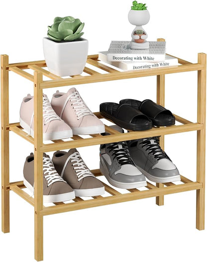 ROMGUAR CRAFT 3-Tier Bamboo Small Shoe Rack, Free Standing Wood Shoe Shelf by ROMGUAR+CRAFT