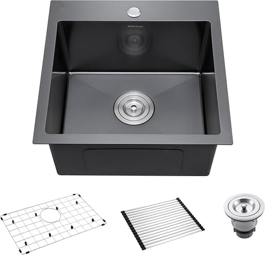 18-Inch Black Bar Sink Drop-In, SINKVINE PVD Nano Stainless Steel Kitchen Sink for Laundry, Outdoor, RV, Top Mount Deep Single Bowl Sink w/Drain Strainer, Bottom Grid, Roll-up Drying Unit, Dark Gray