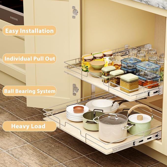 ROOMTEC 2 Tier Individual Pull Out Cabinet Organizer 31½"W x 21½"D, Slide Out - Image 5