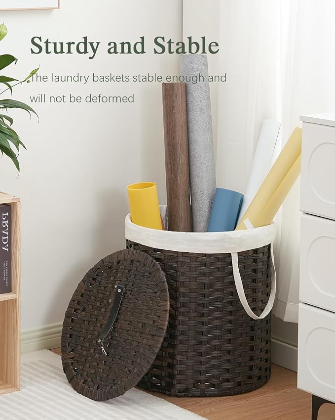 Laundry Hamper with Lid Wicker Laundry Hamper Round 26.5 Gal (100 L) Laundry Basket Handwoven Rattan Laundry Basket with Removable Bag Handles 2 Mesh Bags for Living Room Bedroom Brown