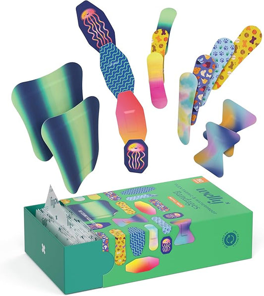Welly Bandage Family Pack | Adhesive Flexible Fabric & Waterproof Bandages | Assorted Shapes and Patterns for Minor Cuts, Scrapes, and Wounds - 80 Count