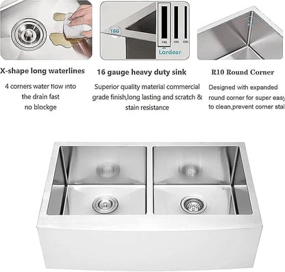 36 Farmhouse Sink Stainless Steel - Lordear 36 inch Kitchen Sink Double Bowl 50/50 Stainless Steel 16 Gauge Apron