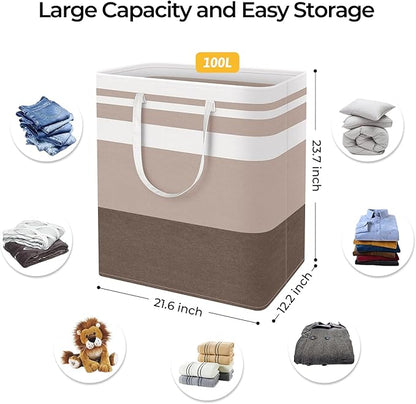 HomeHacks 2-Pack Large Laundry Basket, Waterproof, Freestanding Laundry Hamper, Collapsible Tall Clothes Hamper with Extended Handles for Clothes Toys in the Dorm and Family (Brown, 100L)