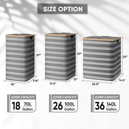 BALEINE Laundry Hamper with Lid, Tall Laundry Baskets with Bamboo Pull Handles - Image 2