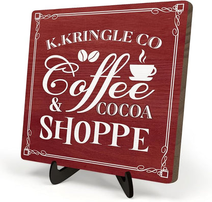 Kringle Coffee & Cocoa Shoppe Sign – 5.9 x 5.9 Inch Wooden Christmas Decor by DMADNF