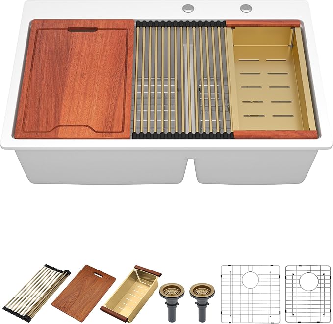 33 Inch Double Bowl White Kitchen Sinks 33x22 Granite Composite Dorp In 60/40 Basin with Luxury Accessories Quartz Workstation Sinks with Noise Reduction Durable and Hard Gold Accessoris Sink