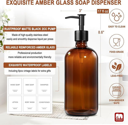 GMISUN Amber Glass Soap Dispenser, 2 Pack Bathroom Hand Soap Dispensers - Image 3