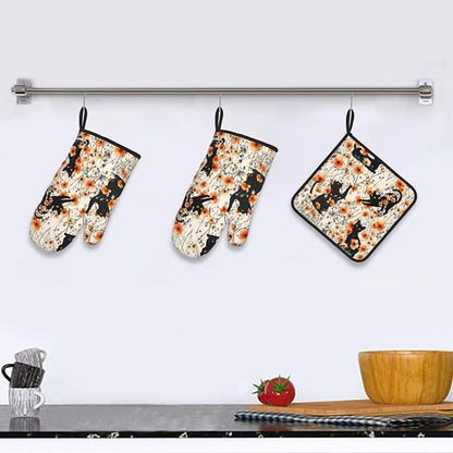 Orange Floral Pot Holders and Oven Mitts Set of 3, Cute Black Cat Kitchen - Image 6