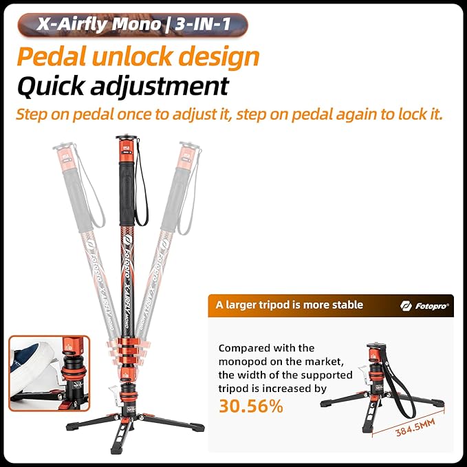 Fotopro Carbon Fiber 3-in-1 Monopod, 73" Travel Monopod with Feet, Max Load 22lbs for DSLR Camera Stabilizer, X-Airfly Mono Grey